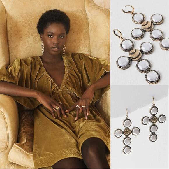 Free People Time Is On My Side Cross Dangles Gold Pearl Earrings Bohemian NWT - Picture 1 of 12
